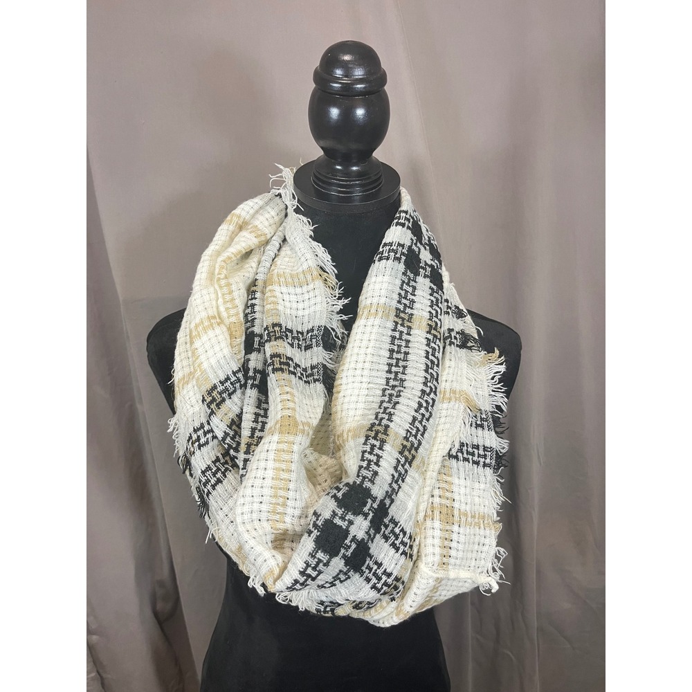Unbranded Women Plaid Infinity Scarf Cream Black Tan Eyelash Fringe Edge